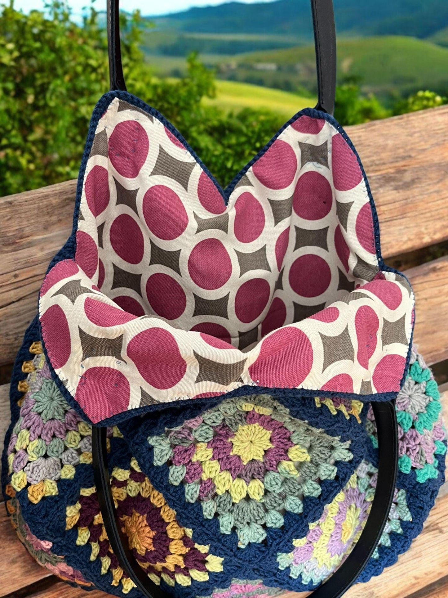 Navy Blue Crochet Bag: Handmade Granny Square Tote with Leather Handles