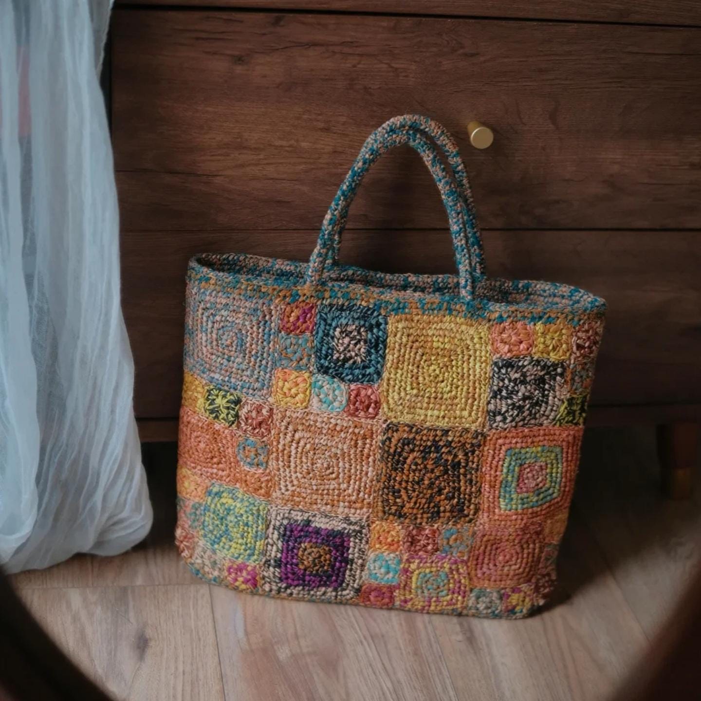 Artisan Raffia Patchwork Tote, Handcrafted Crochet Beach Bag, Sturdy Woven Purse with Cotton Lining, Unique Gift for Her, Gift for her