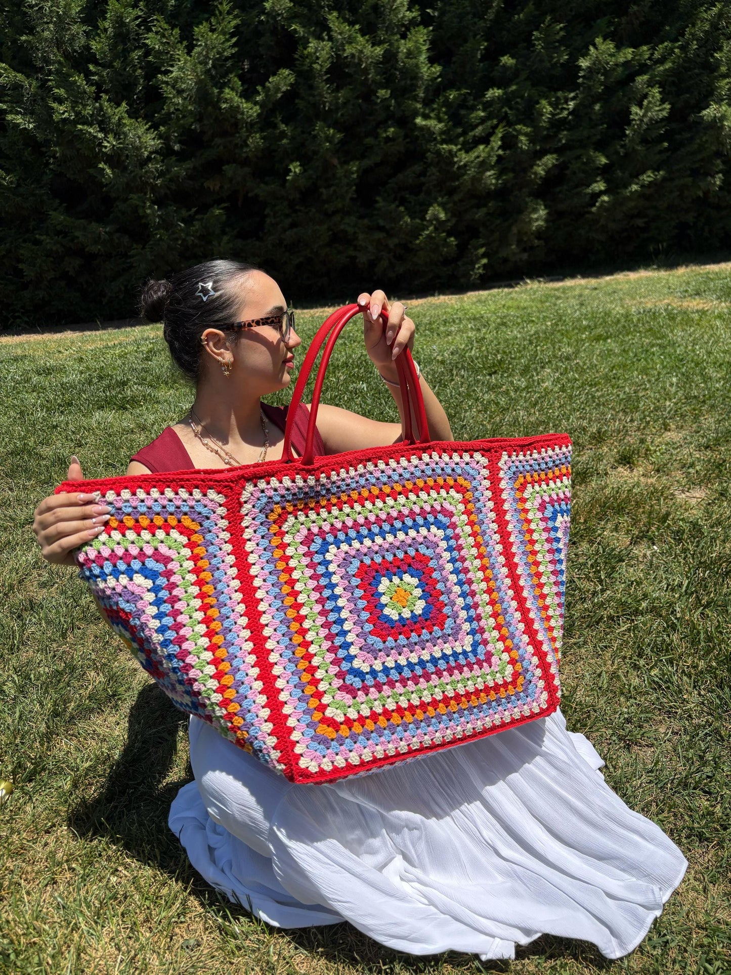 XXL Crochet Granny Square Tote: Leather Handles, Boho Weekender, Spring Style Bag