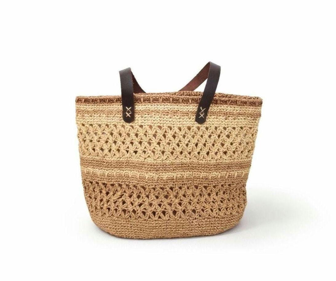 Boho Raffia Crochet Tote Bag, Handmade Summer Beach Purse with Leather Handles