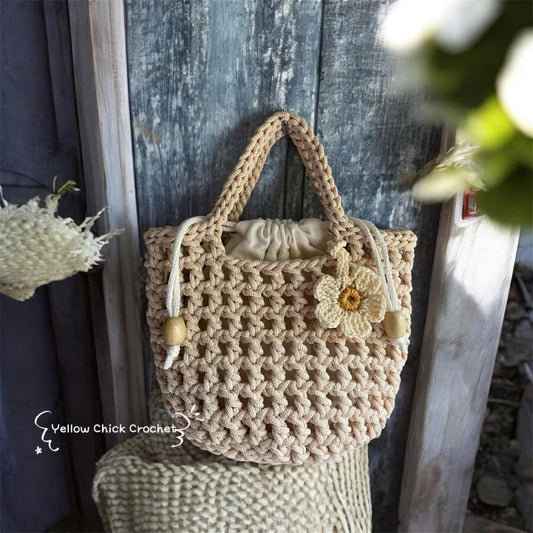 Handmade Crochet Mesh Bag with Flower Charm, Elegant Short Handbag, Custom Colors, Floral crochet bag, Mother's Day gift, Easter Gift