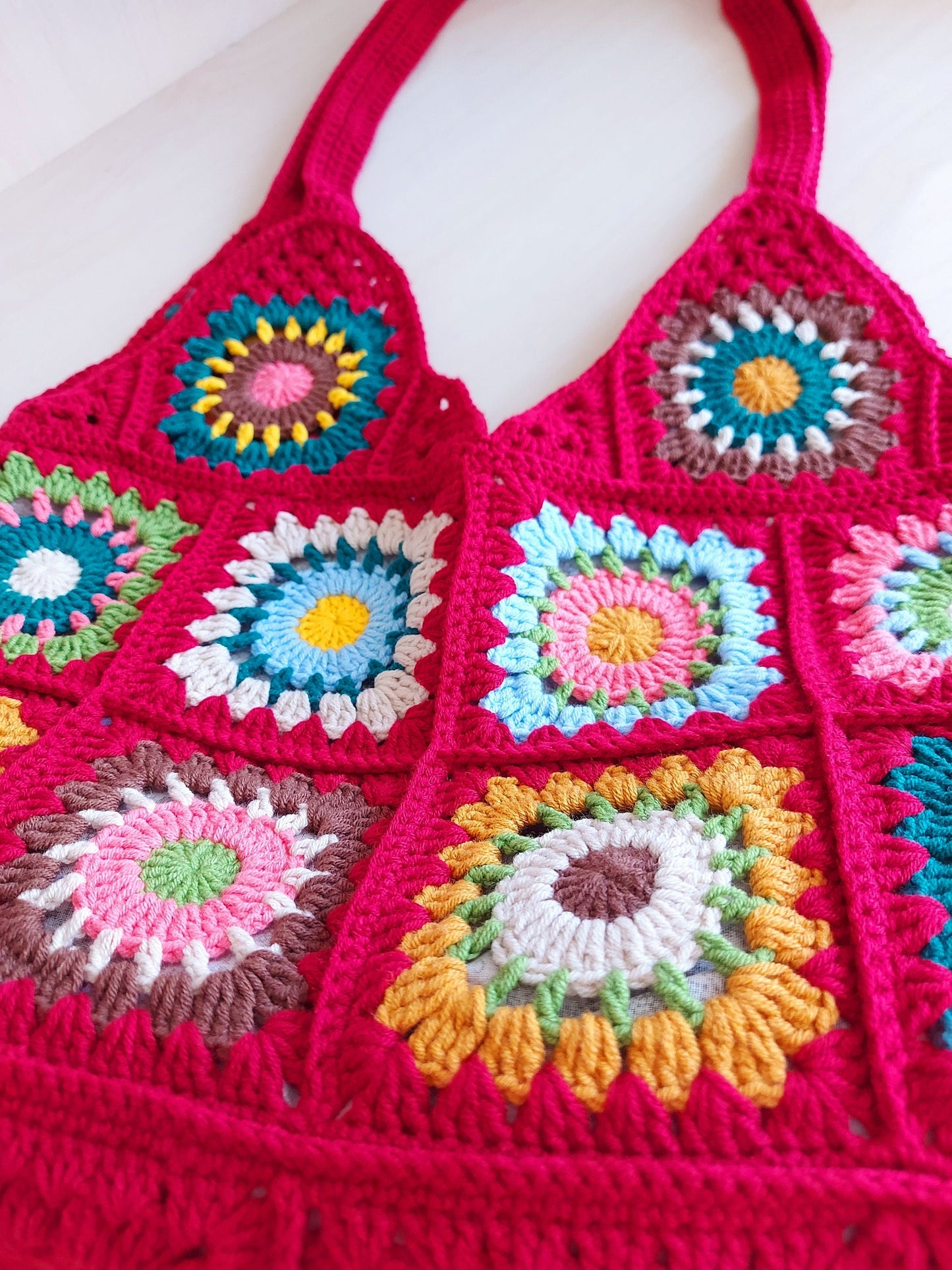 Red Granny Square Shoulder Bag: Crochet Tote Bag
