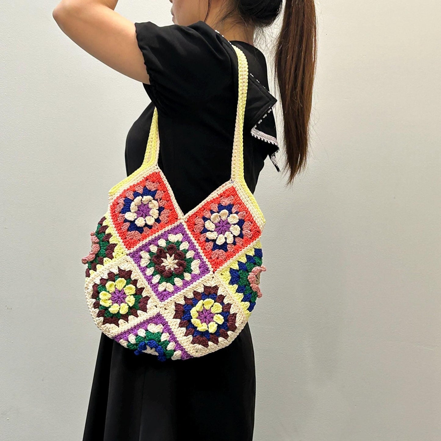 Handmade Crochet Granny Square Tote Bag: Colorful Boho Shoulder Bag