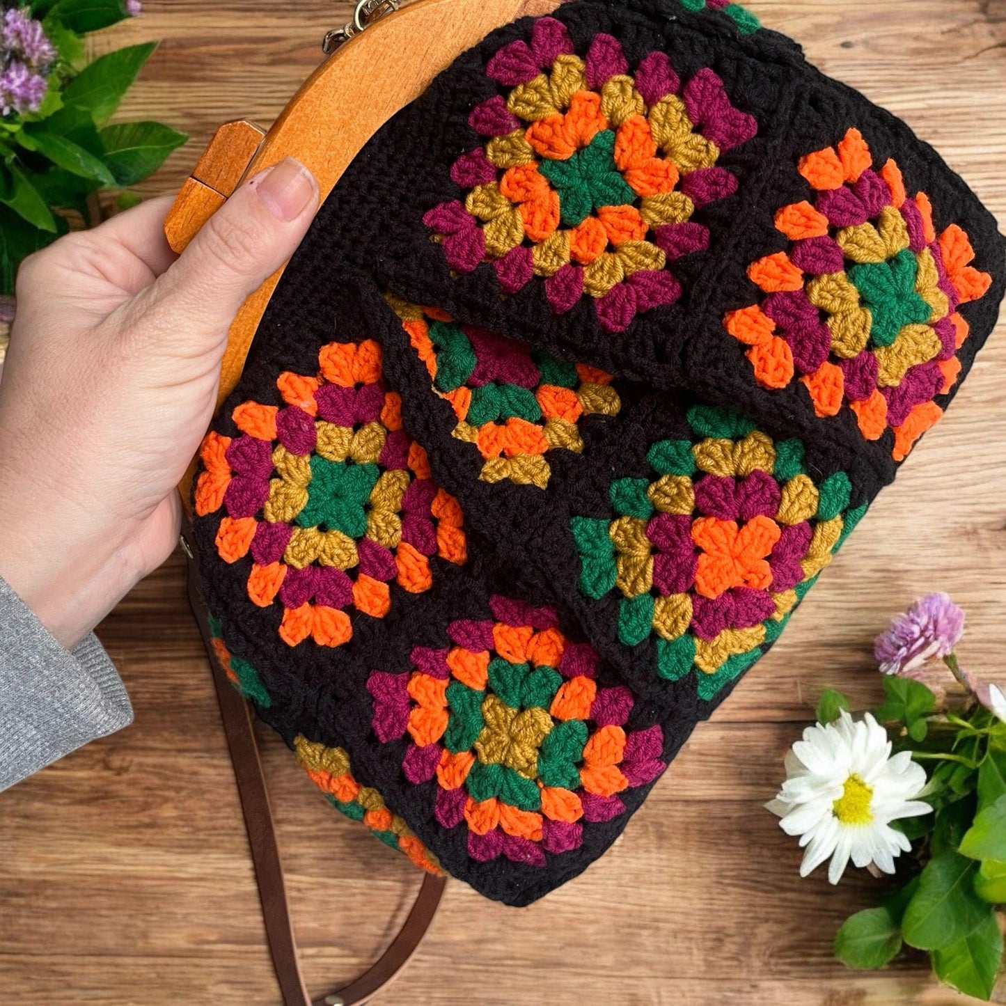 Handmade Crochet Granny Square Bag: Colorful Bohemian Purse with Wooden Clasp