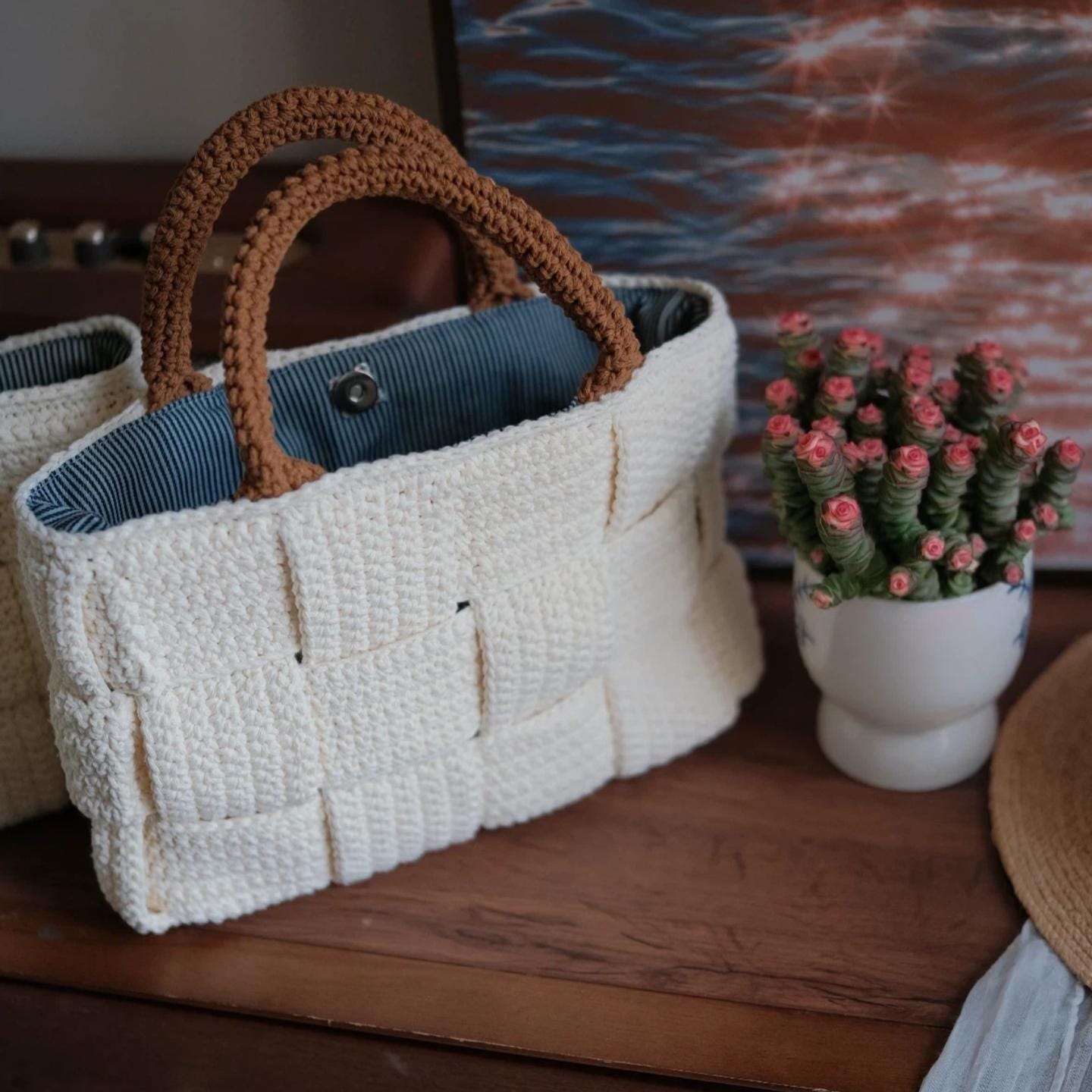 Handmade Woven Crochet Tote Bag - Cream Textured Basket Weave Shoulder Bag with Heavy-Duty Structure and Striped Fabric Lining, Gift for her