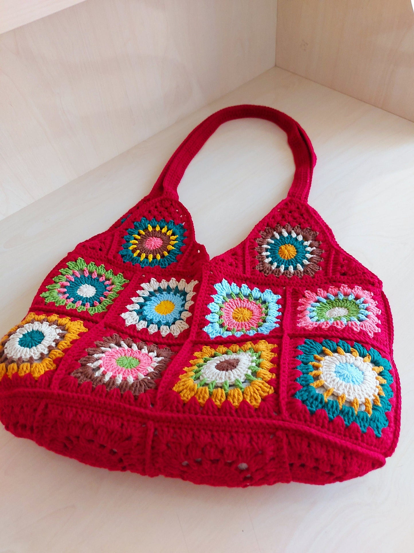 Red Granny Square Shoulder Bag: Crochet Tote Bag