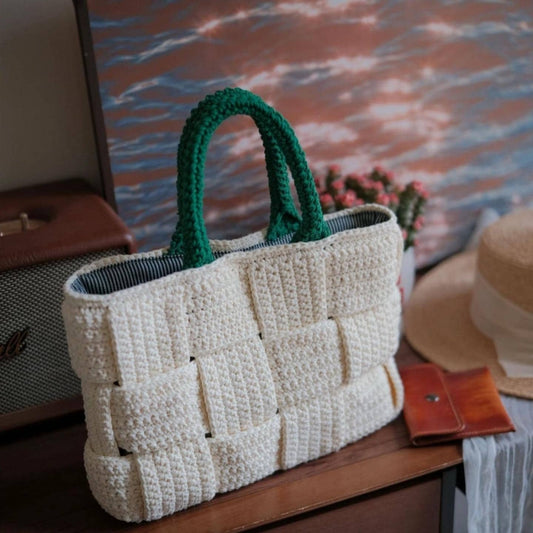 Handmade Woven Crochet Tote Bag - Cream Textured Basket Weave Shoulder Bag with Heavy-Duty Structure and Striped Fabric Lining, Gift for her