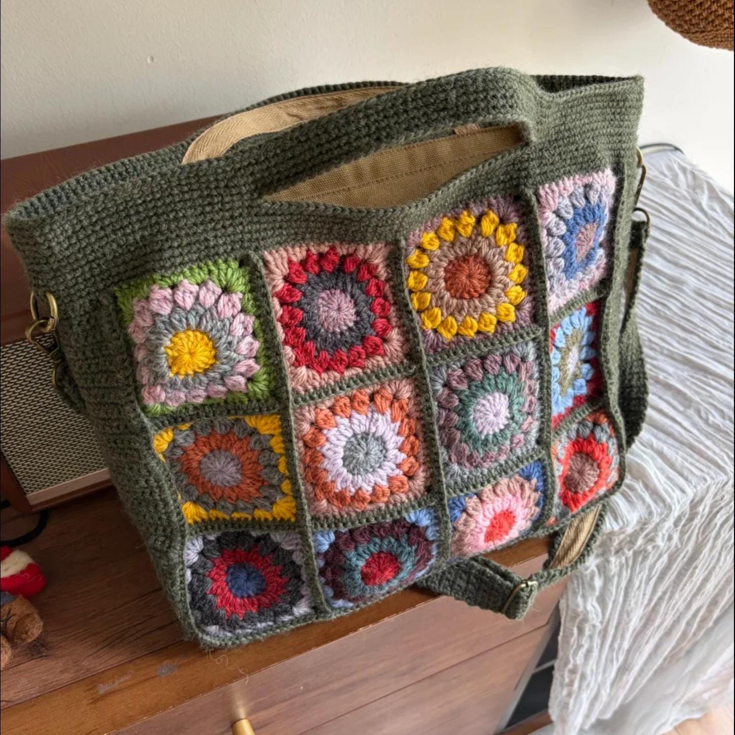 Boho Chic Crochet Bag, Handmade Wool Blend Tote, 3D Flower Granny Square Shoulder Bag, Durable YKK Zipper, Artisan Knit Purse, Gift for her