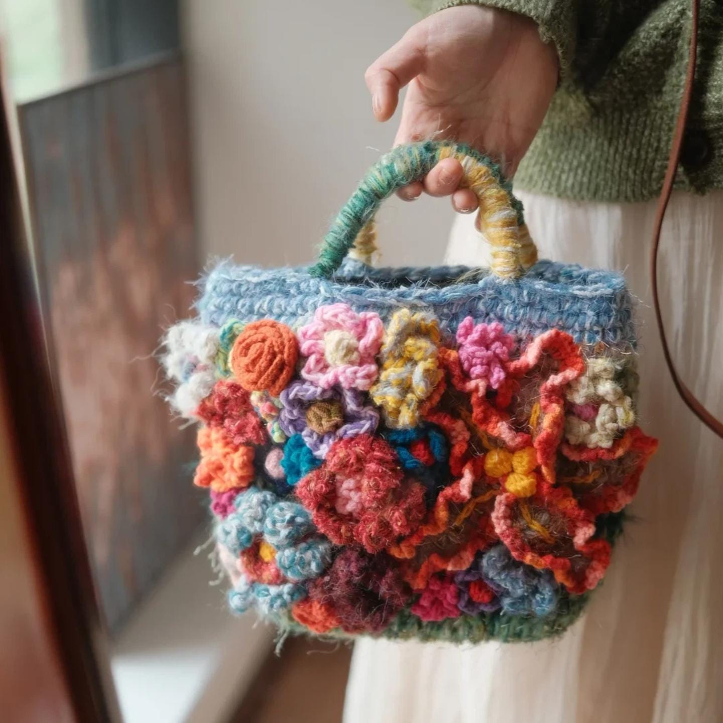 Original Crochet Flower Tote, Hand-Knitted Wool Blend Bag,Floral Applique Purse, Artistic Shoulder Bag, Gift for Her, Wedding Guest Bag