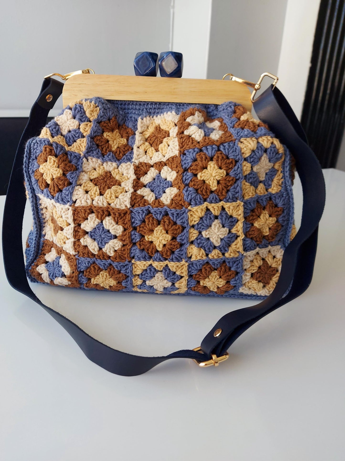 Large Kiss Lock Bag: Crochet Granny Square Bag, Top Handle Bags