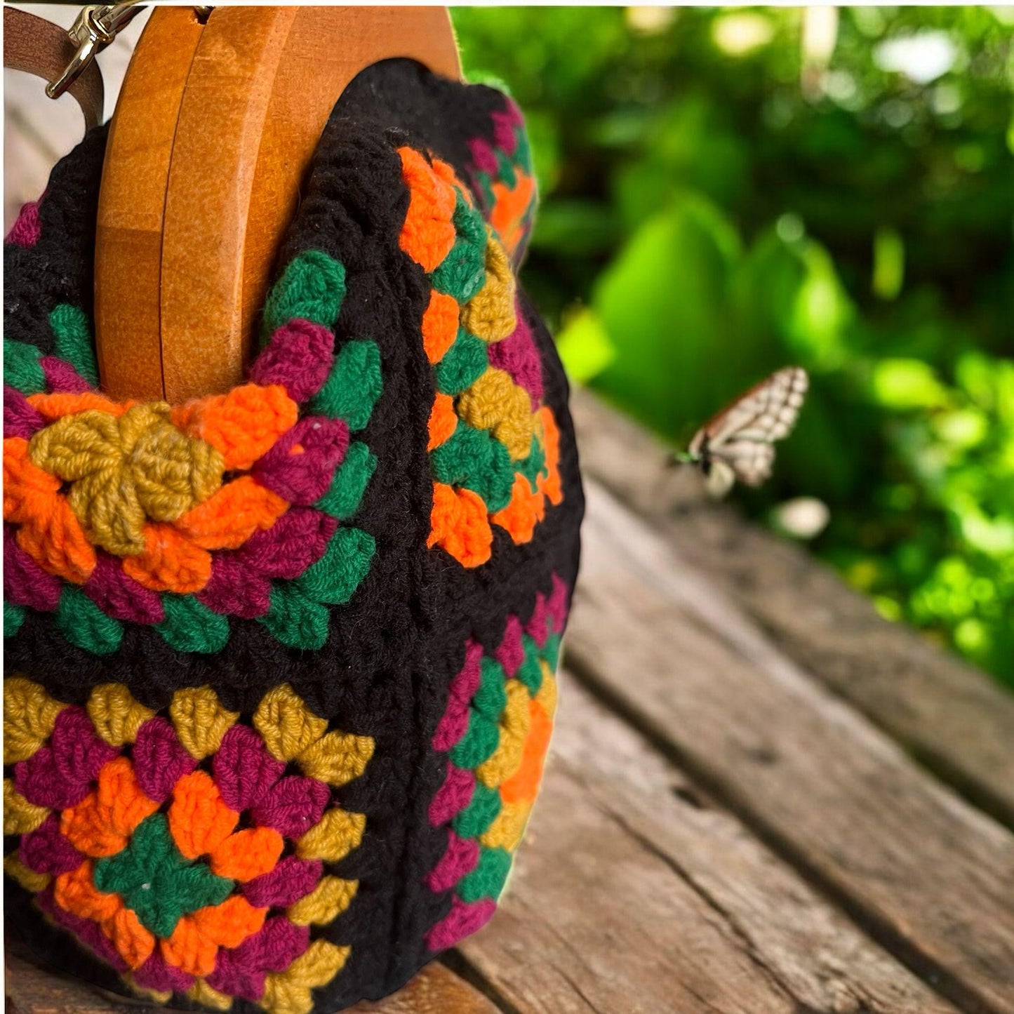 Handmade Crochet Granny Square Bag: Colorful Bohemian Purse with Wooden Clasp