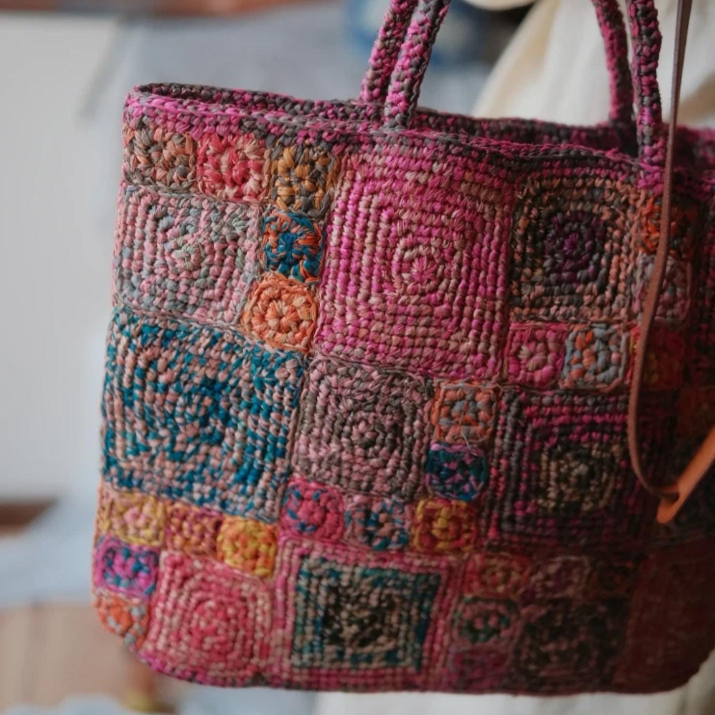Handmade Crochet Raffia Tote Bag, Colorful Patchwork Boho Purse with Cotton Lining, Unique Artisan Beach Bag for Women,Gift for her