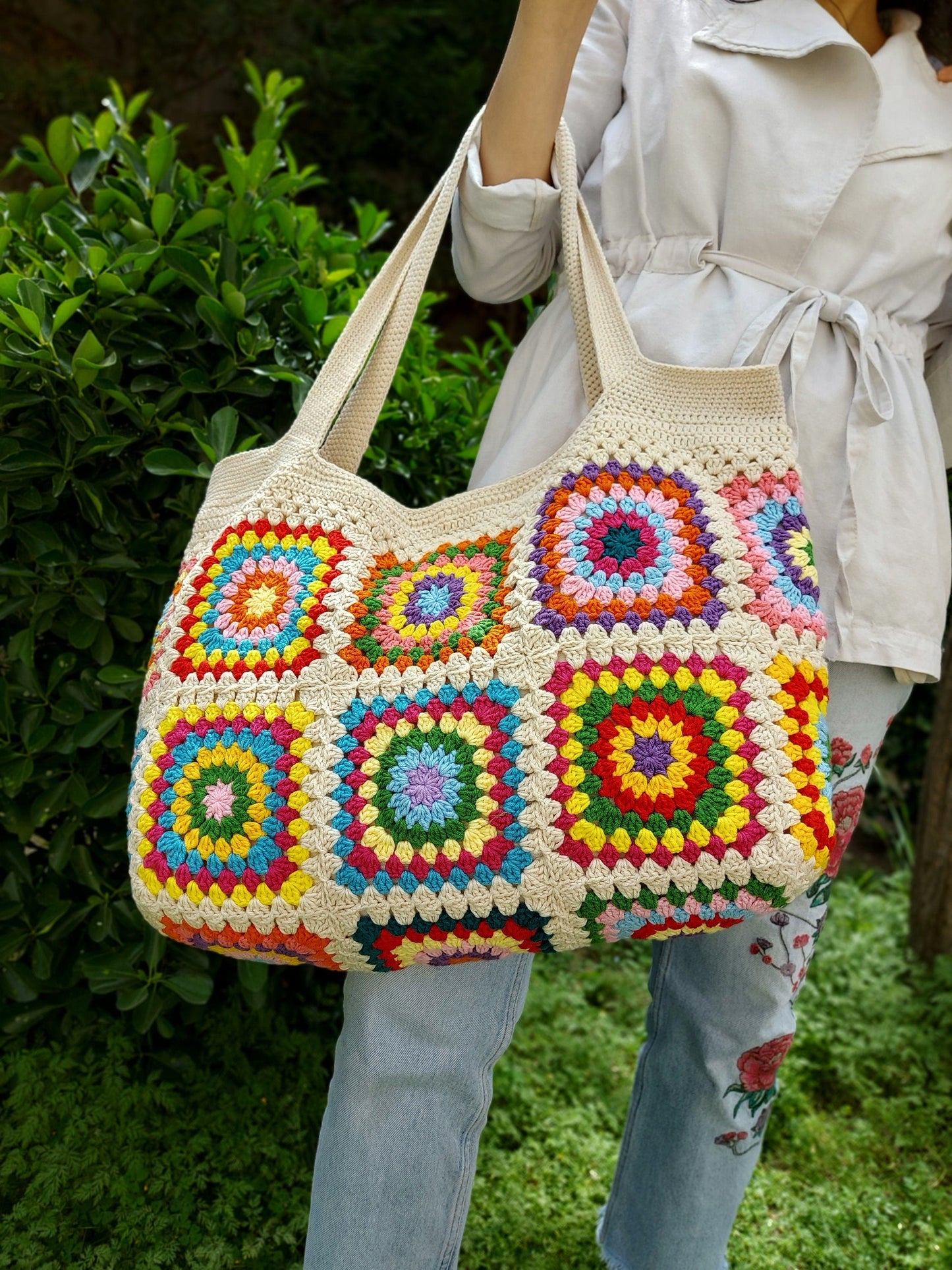 Granny Square Crochet Tote Bag: Colorful Hippie Shoulder Bag