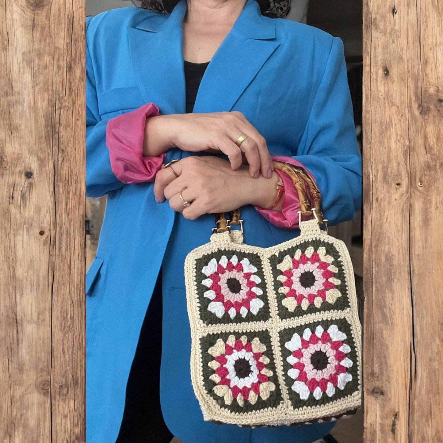 Crochet Granny Square Crossbody Bag: Blue Whisper Luna Loops, Bamboo Handle