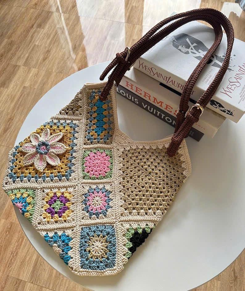 Handmade Crochet Patchwork Tote Bag, Warm Autumn Colors, Lined - Zippered, Mother's Day Gift, Floral Square Bag, Easter Gift