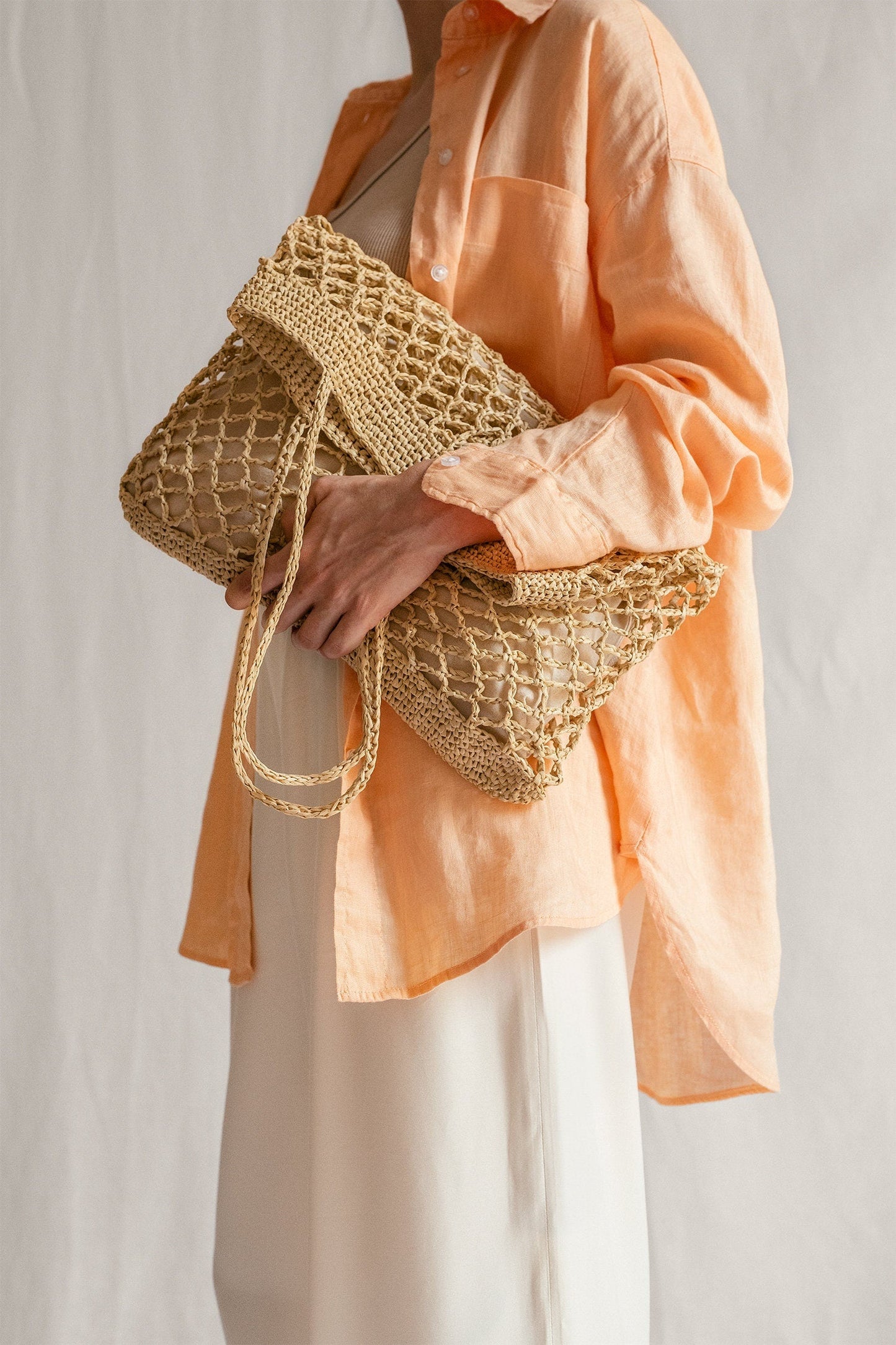 Raffia Net Bag in Tan, Crochet Raffia Tote, Summer Tote Bag, Straw Mesh Bag, Handcrafted Tote, Net Shoulder Bag