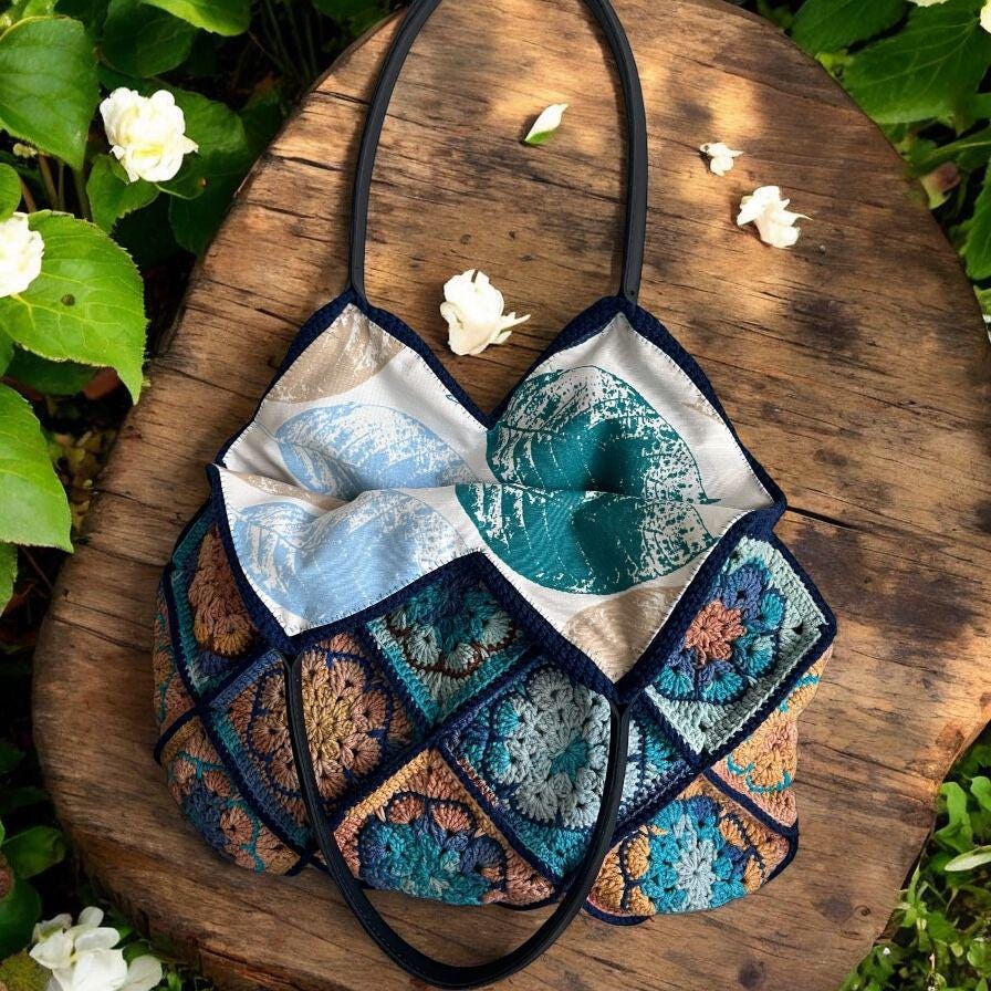 Handmade Crochet Bag: Colorful Granny Square Tote with Leather Handles