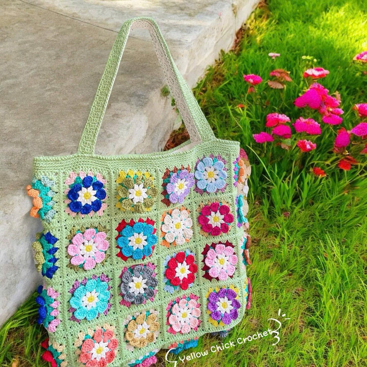 Flower Tote bag, Floral bag, Crochet Granny square bag, handmade shoulder bag, pink flower summer beach bag, mother's day gift, easter gift
