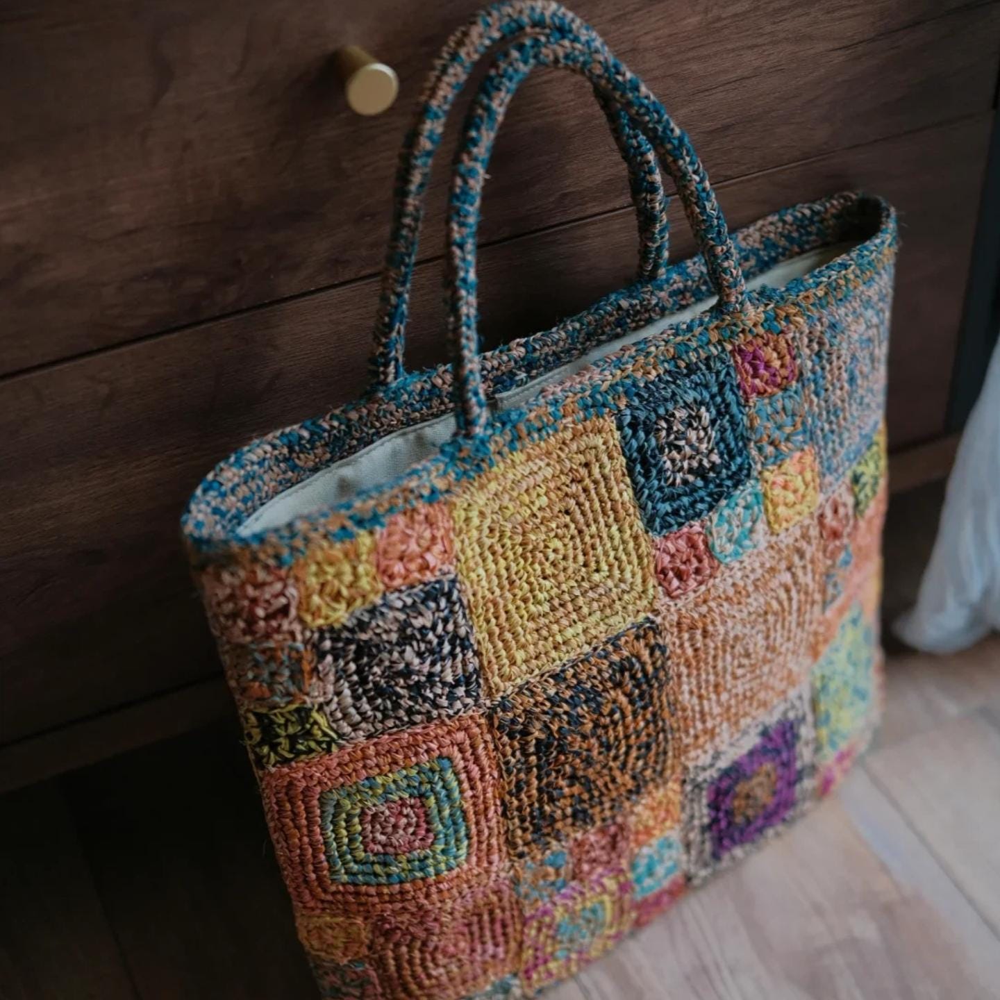 Handmade Crochet Raffia Tote Bag, Colorful Patchwork Boho Purse with Cotton Lining, Unique Artisan Beach Bag for Women,Gift for her